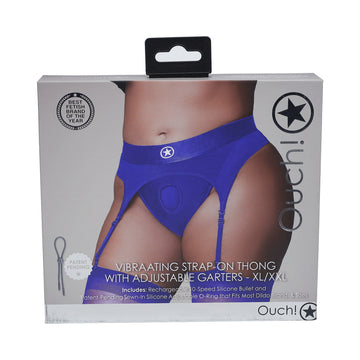 Ouch! Vibrating Strap-on Thong with Adjustable Garters Royal Blue XL/XXL
