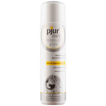 Bottle of Pjur Med Premium Silicone Glide, 100ml size, with label indicating it is a hypoallergenic product suitable for sensitive skin.