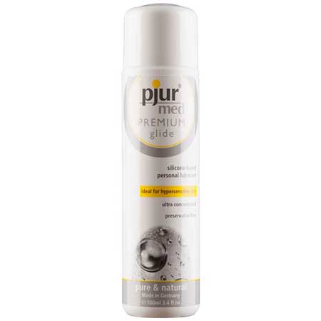 Bottle of Pjur Med Premium Silicone Glide, 100ml size, with label indicating it is a hypoallergenic product suitable for sensitive skin.