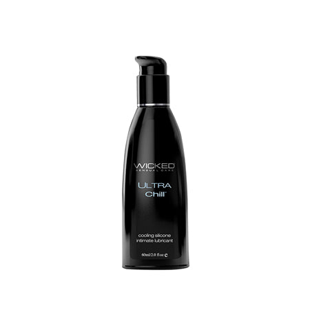 A black bottle of Wicked Ultra Chill Cooling Silicone Lubricant with a pump dispenser, highlighting its cooling aloe effect.