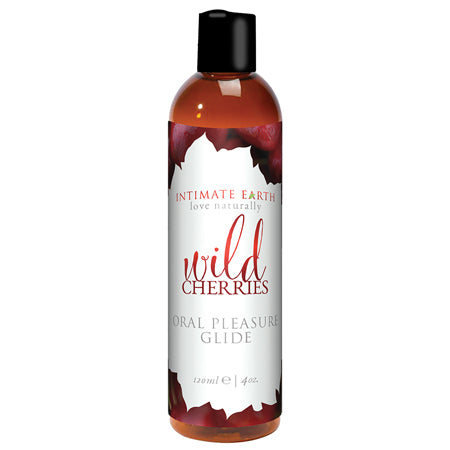Bottle of Intimate Earth Wild Cherries Flavored Glide with a clear display of the product name and flavor, naturally derived glycerin and saccharine, 120 ml/4 oz.