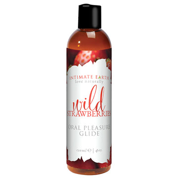 Bottle of Intimate Earth Wild Strawberries flavored oral pleasure glide, 120 ml size.