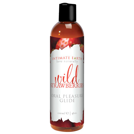 Bottle of Intimate Earth Wild Strawberries flavored oral pleasure glide, 120 ml size.