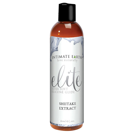 A bottle of Intimate Earth Elite Shiitake Silicone Glide with a label showing the product name and the brand's logo.