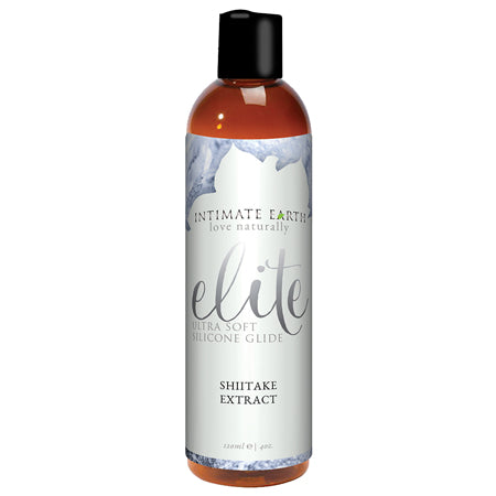 A bottle of Intimate Earth Elite Shiitake Silicone Glide with a capacity of 120 ml/4 oz. The label features a grey and white design with text and a representation of a shiitake mushroom.