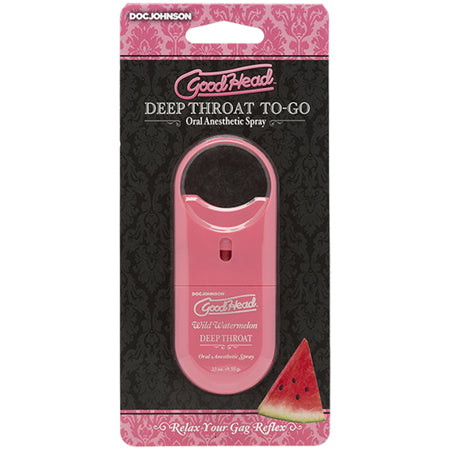 Packaging of GoodHead Deep Throat-Go Oral Anesthetic Spray in Wild Watermelon flavor, with a visible pink spray bottle and a slice of watermelon on the front.