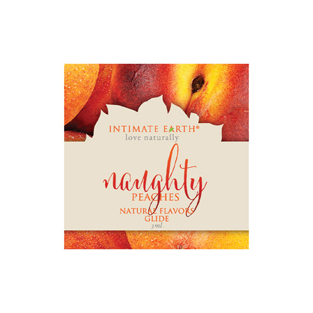 Packaging of Intimate Earth Naughty Peaches flavored lubricant with peach graphics and text indicating it is natural and has a peach flavor.