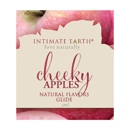 Packaging of Intimate Earth Cheeky Apples Oral Pleasure Glide with an image of apples and text indicating the product size of 3 mL.