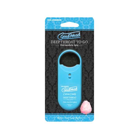 Packaging of GoodHead Deep Throat Spray To-Go in Cotton Candy flavor, featuring the product in a blue container with branding and flavor details.