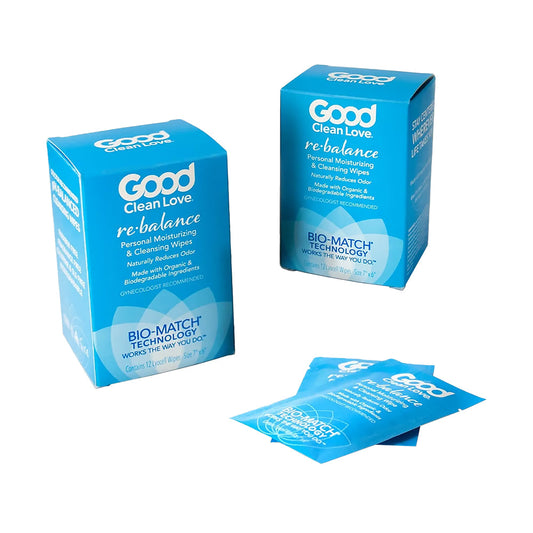 Three boxes of Good Clean Love Rebalance personal moisturizing and cleansing wipes, with a bio-match technology logo, displayed on a white background. The packaging is primarily blue with text and branding prominently displayed.