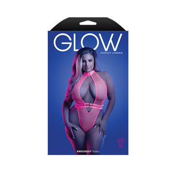 Fantasy Lingerie Glow Knockout UV Reactive Adjustable Halter G-String Teddy with Hook Closure Queen Size