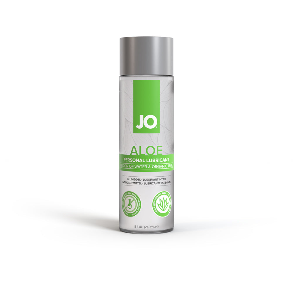 A bottle of JO Aloe Personal Lubricant with a gray lid, labeled with green and white colors indicating the product is organic and has a pH balanced formula.