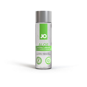 A bottle of JO Aloe Personal Lubricant with a gray lid, labeled with green and white colors indicating the product is organic and has a pH balanced formula.