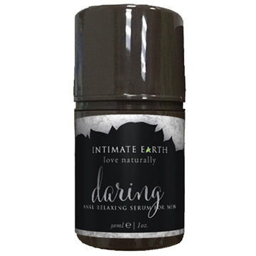A bottle of Intimate Earth Daring Anal Gel For Men, with a black and white label, indicating it is a 1 fl. oz. container.