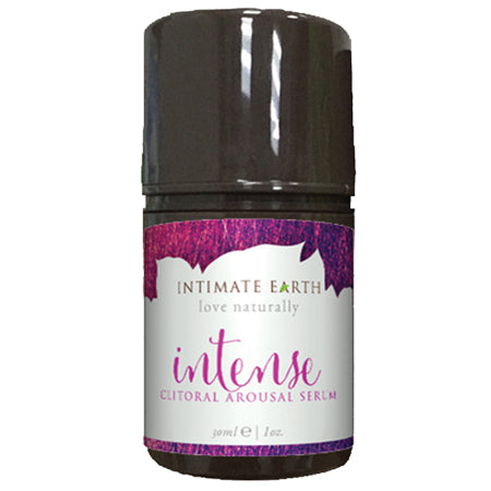 A bottle of Intimate Earth Intense Clitoral Arousal Serum with a purple label and cap, indicating a higher concentration of natural Japanese peppermint oil.