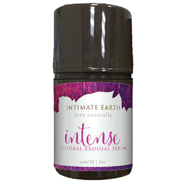 A bottle of Intimate Earth Intense Clitoral Arousal Serum with a purple label and cap, indicating a higher concentration of natural Japanese peppermint oil.