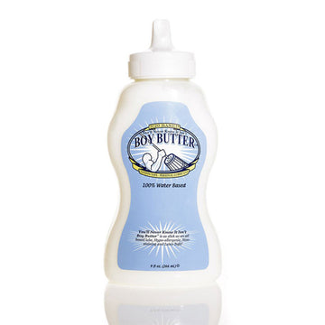 A 9oz squeeze bottle of Boy Butter H2O water-based personal lubricant with a label that includes the product name and details about the formula containing aloe vera and shea butter.