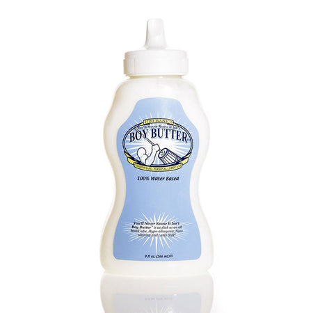 A 9oz squeeze bottle of Boy Butter H2O water-based personal lubricant with a label that includes the product name and details about the formula containing aloe vera and shea butter.