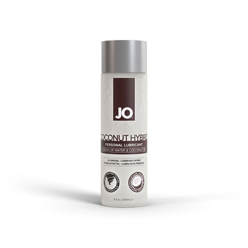 A pump bottle of JO Coconut Hybrid water-based personal lubricant with a white and grey label.