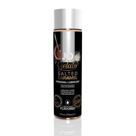 A bottle of JO Gelato Salted Caramel Flavored Water-Based Lubricant, 4 oz size, with branding and flavor details on the label.
