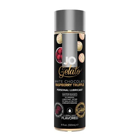 Pump bottle of JO Gelato White Chocolate Raspberry Truffle flavored water-based lubricant.