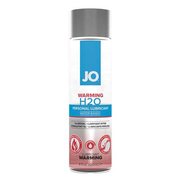 Bottle of JO H2O Warming Water-Based Lubricant, 4 oz size, with a predominantly blue label and a graphic of a warm shower.