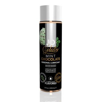 A bottle of JO Gelato Mint Chocolate Flavored Water-Based Lubricant, 4 oz size, with a black and rose gold design.