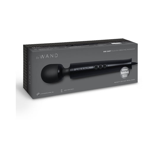 Le Wand black handheld massager in packaging on a white background