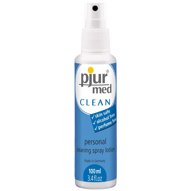 A bottle of Pjur Med Clean Intimate Cleaning Spray with a white spray nozzle. The label is blue and white with text including the product name, volume (100ml), and features such as being gentle, hygienic, and suitable for sensitive skin.