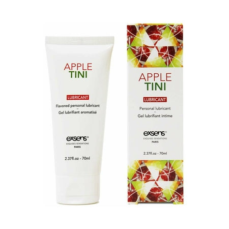 Two tubes of Exsens personal lubricant with Apple Tini flavor, one standing upright and the other lying down, against a white background.