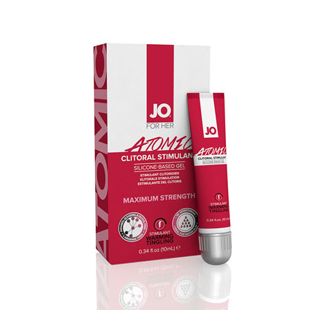 Packaging of JO Atomic Clitoral Stimulant with the product next to the box. The package is predominantly white and red with text and branding.