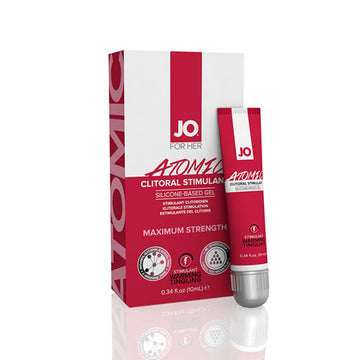 Packaging of JO Atomic Clitoral Stimulant with the product next to the box. The package is predominantly white and red with text and branding.