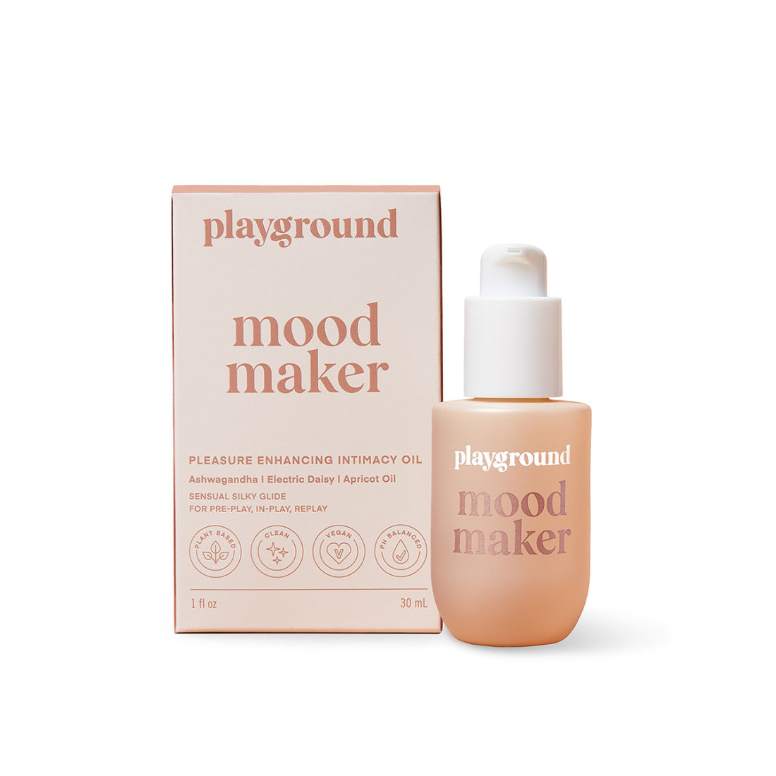 The image shows a product packaging and bottle for Playground Mood Maker Intimacy Oil. The packaging is a pastel pink box with the product name and a brief description.